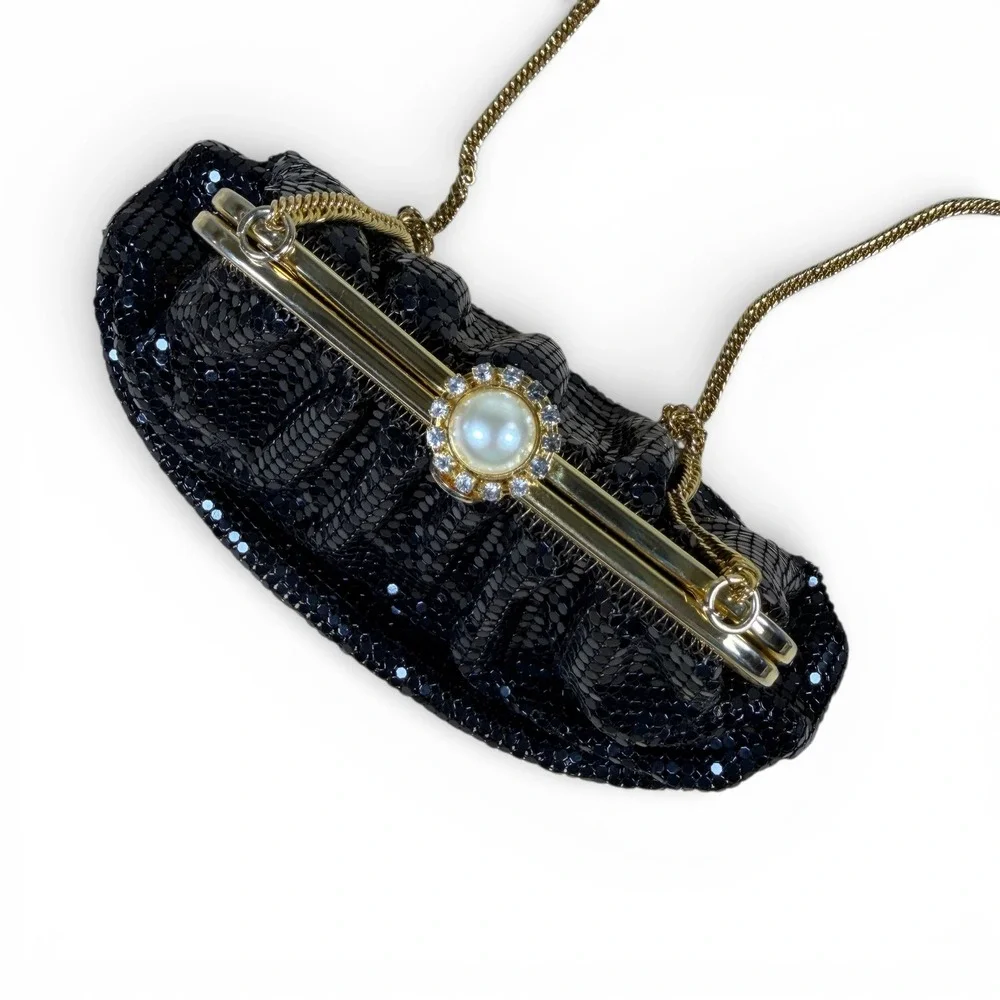 Whiting and Davis Vintage Bag Black Metal Mesh Rhinestone Gold Frame Pearl Clasp